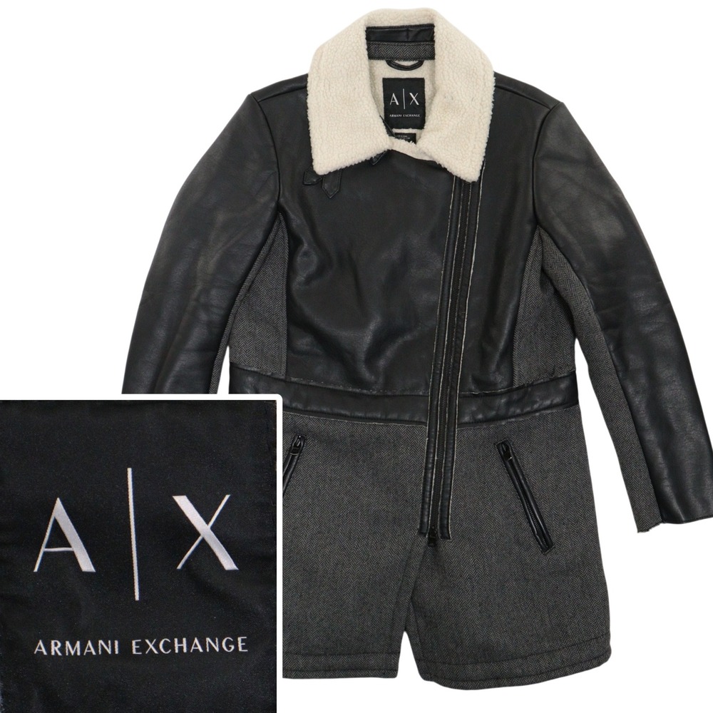 Armani Exchange Biker Coat Jacket Herringbone Faux Leather Sherpa Black Men L